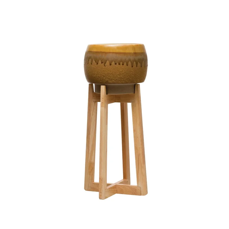 Stoneware Pot w Wood Stand, Musterd