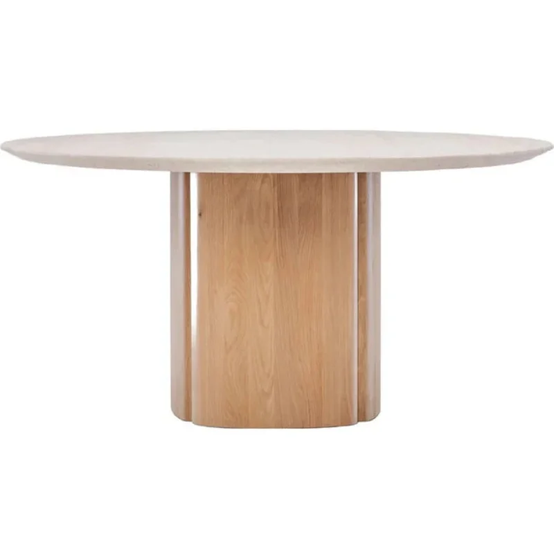 Tathra Round Dining Table, Light Oak with Travertine Top, 61"Dia