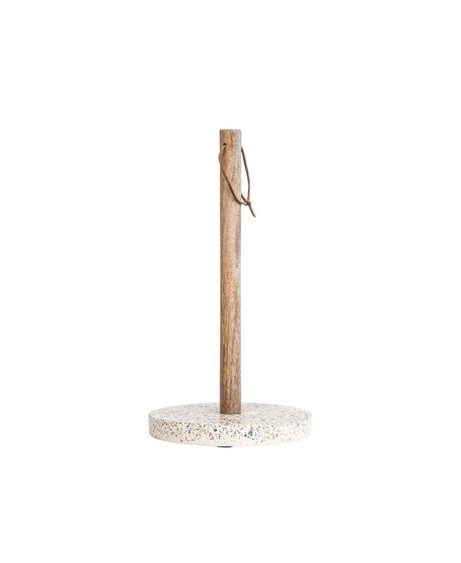 Terrazzo & Mango Wood Paper Towel Holder With Leather Loop, Mustard
