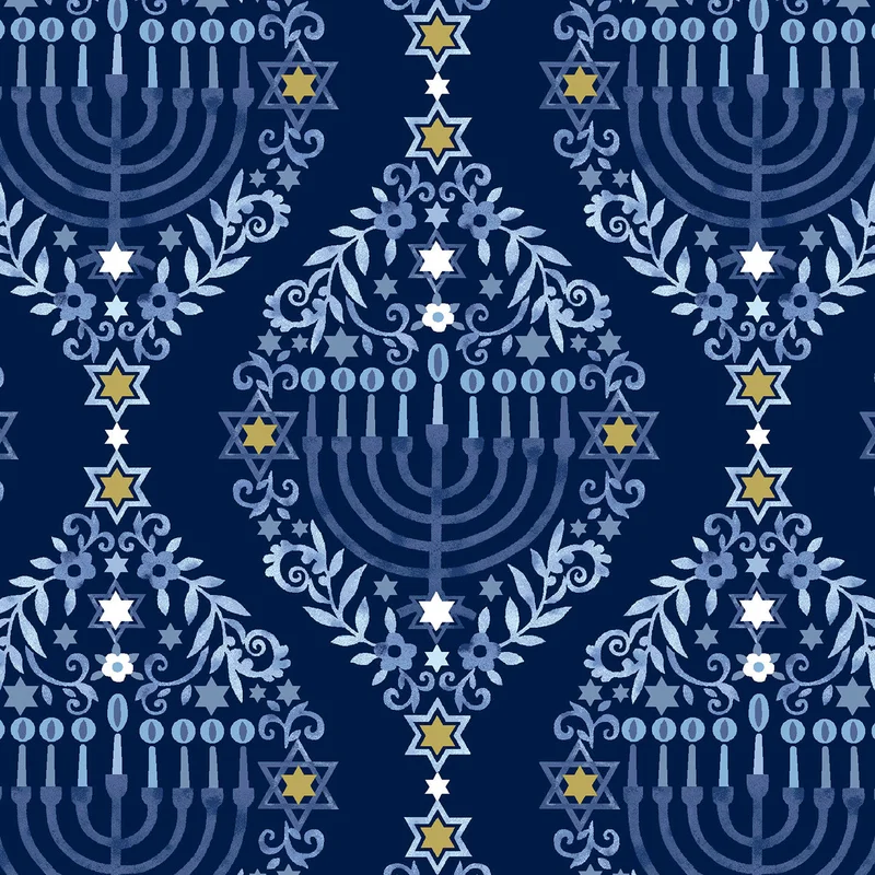 THE GIFT OF LIFE: Menorah Damask-Dark Blue (1/4 Yard)