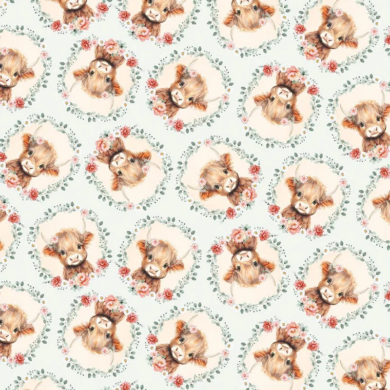 TIL THE COWS COME HOME: Cow Heads & Floral-Sky (1/4 Yard)