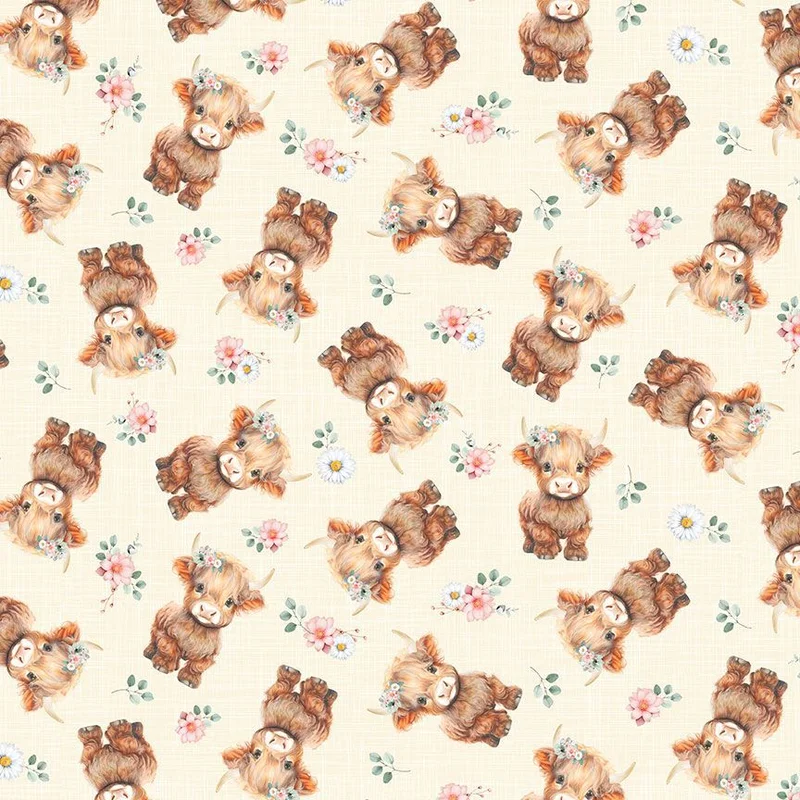TIL THE COWS COME HOME: Highland Cows & Floral-Multi (1/4 Yard)