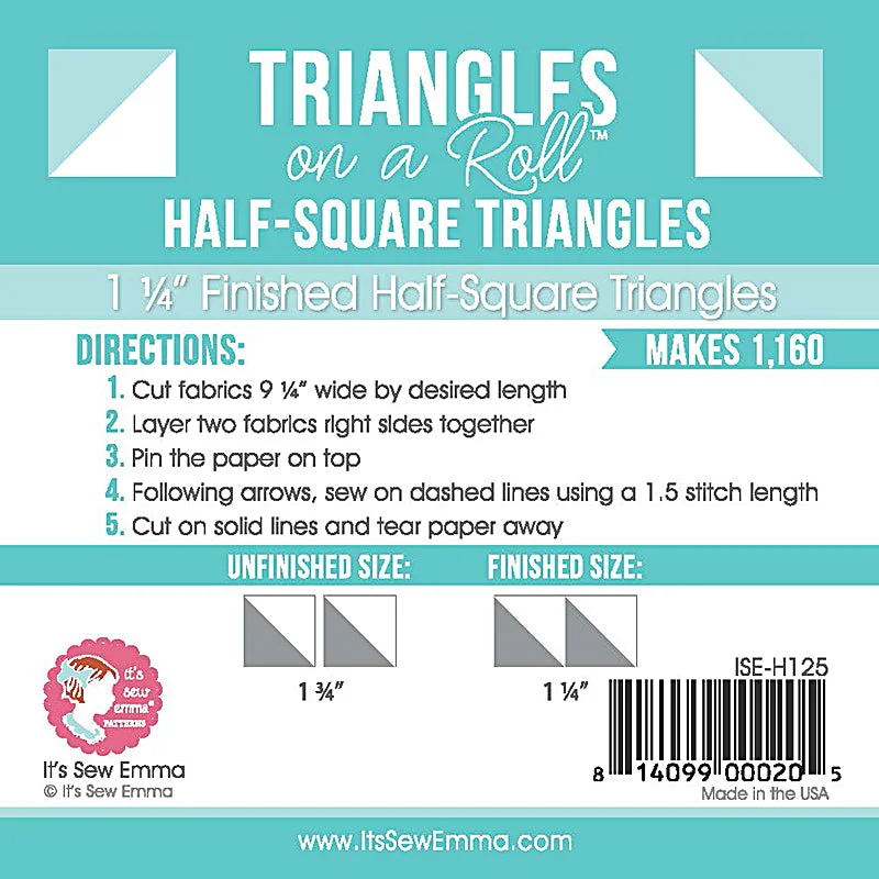 Triangles on a roll finished half square 1.25"