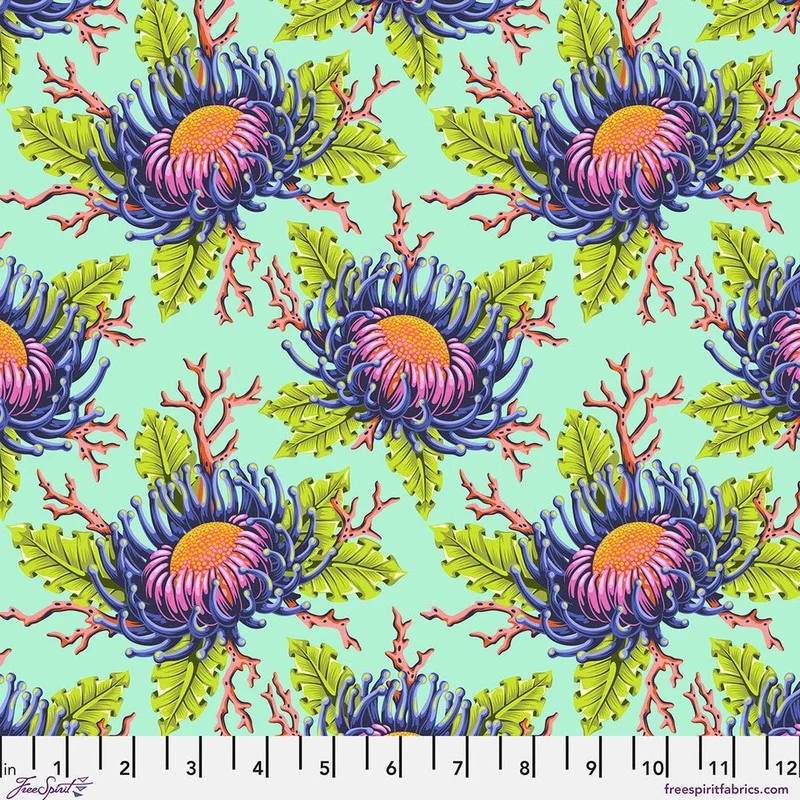 Tula Pink FLORAL REEF: Friends & Anemones-Seafoam (1/4 Yard)
