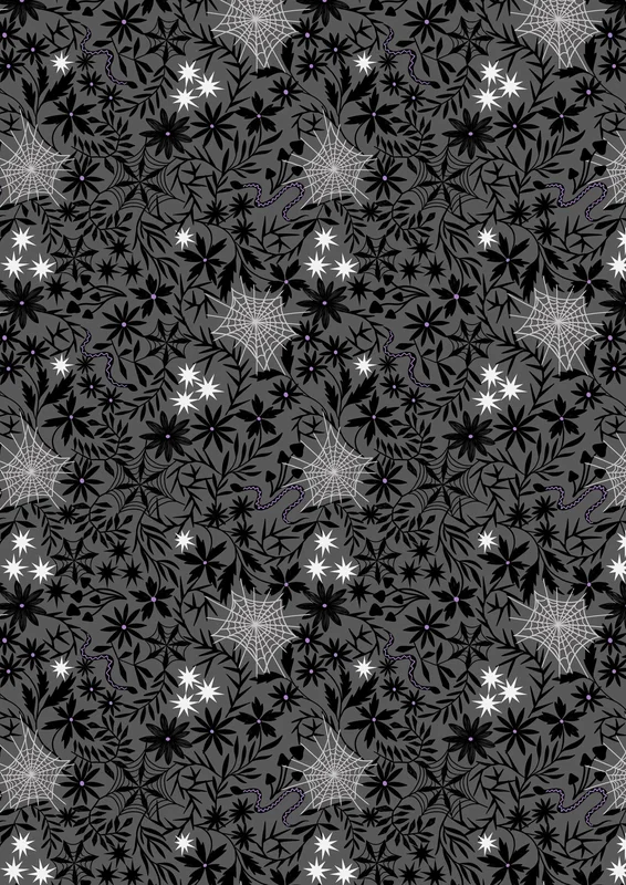 WITCHY WOODS: Floral Cobwebs-Grey Glow-in-the-Dark (1/4 Yard)