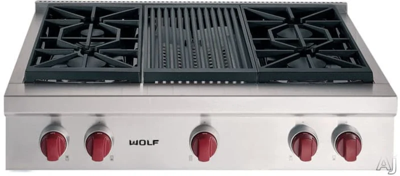 Wolf - 35.875 inch wide Gas Cooktop in Stainless - SRT364C Stainless