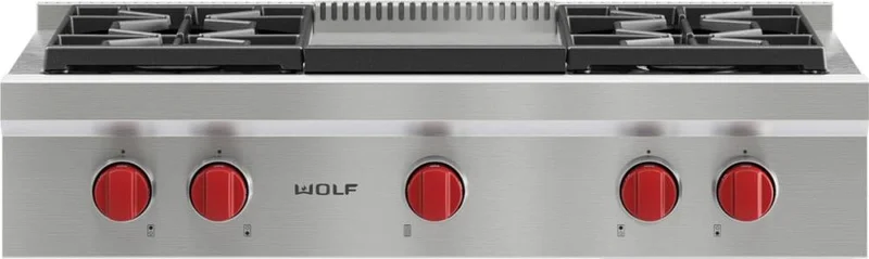 Wolf - 35.875 inch wide Gas Cooktop in Stainless - SRT364G-LP Stainless