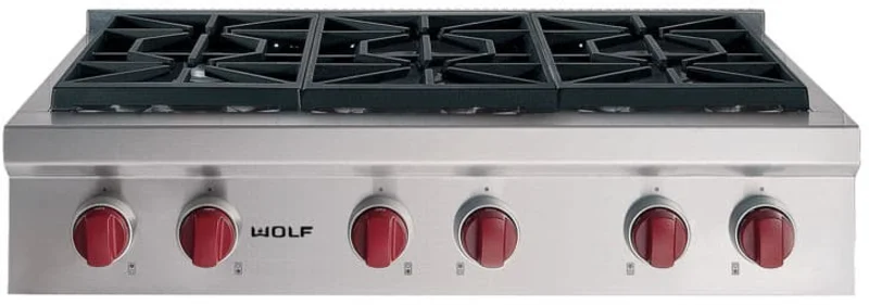 Wolf - 35.875 inch wide Gas Cooktop in Stainless - SRT366 Stainless