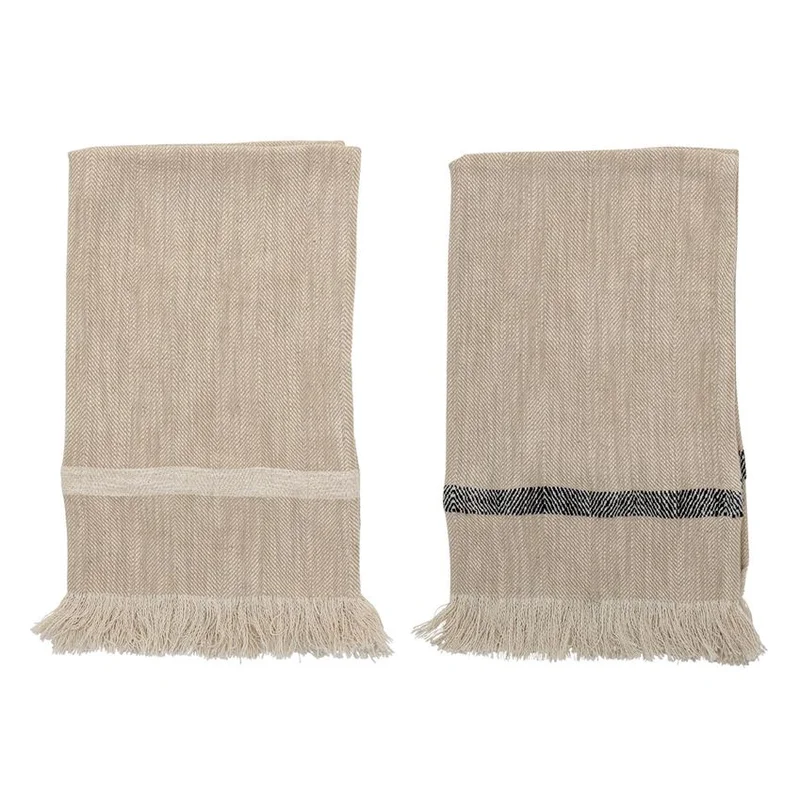 Woven Cotton Striped Tea Towels with Fringe, Natural, S/2
