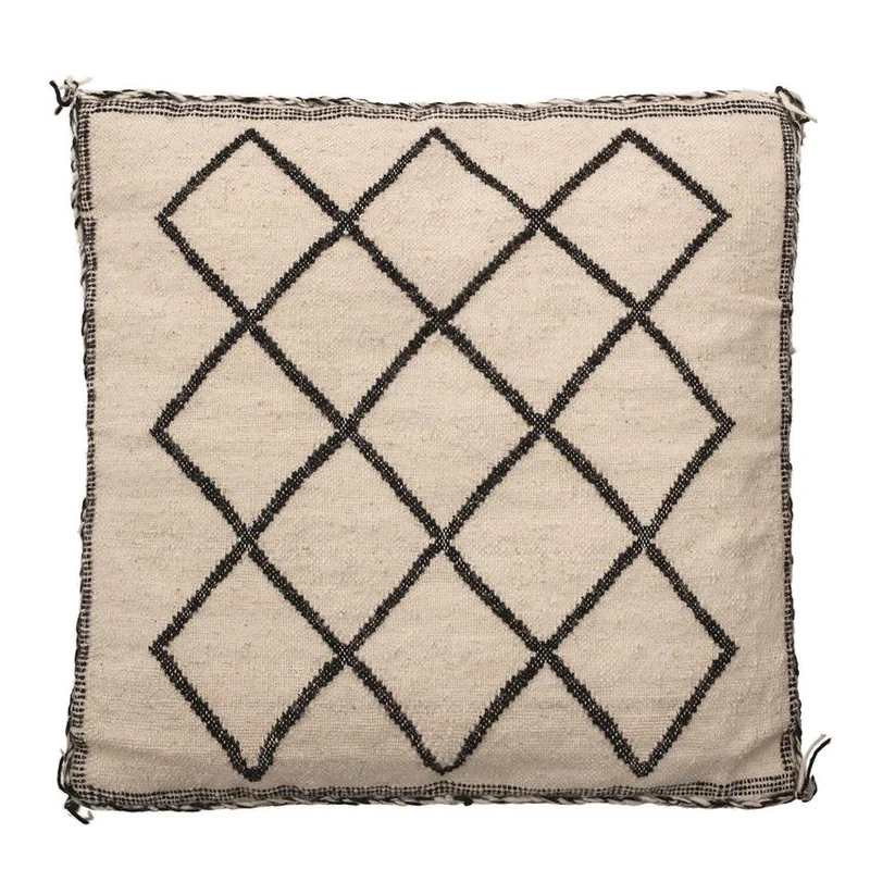 Woven Wool & Cotton Blend Pillow With Tassels, Black & Natural