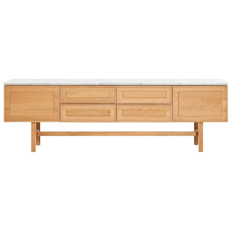 Yorke Low Board, Light Oak with Marble Top, 78.75"W 17.75"D 24.6"H