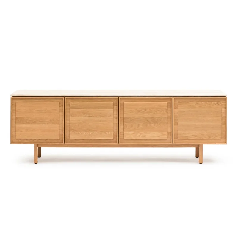 Yorke Media Cabinet, Light Oak with Travertine Top, 78.75" W 17.75" D 28" H